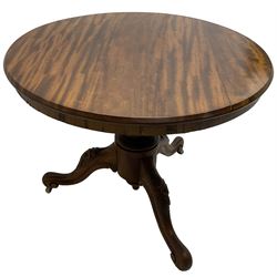 Victorian mahogany centre table, circular top on turned pedestal, on three flower head carved supports with scrolled terminals