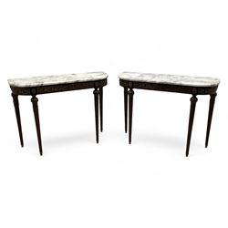 Pair of late 20th century French design mahogany console tables, D-end form with white and grey veined marble tops, the frieze rails decorated with scrolled leaf and flower head cast brass mounts, on turned and fluted supports with cast brass mounts and feet 