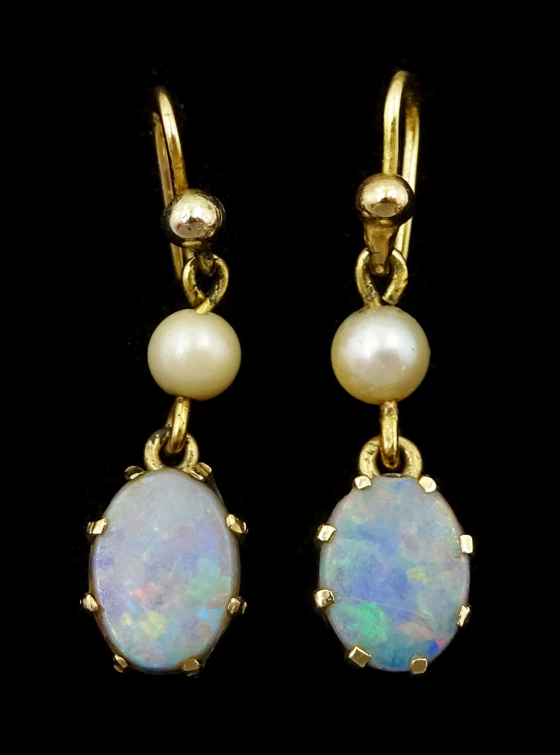 Pair of 9ct gold opal doublet and cultured pearl pendant earrings