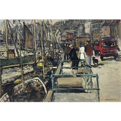 Denis Leonard Lansdell (British 1926-1994): 'Whitby New Quay' - A Busy Day, oil on canvas signed and dated '61, titled and dated verso 45cm x 65cm 
Notes: Denis, who had taught Art and Design in Willesden in London retired to The Old Forge at Nether Compton, just outside Sherborne Dorset in 1989