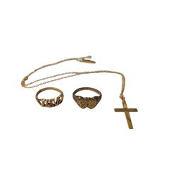 9ct gold jewellery, including cross pendant, heart ring and pierced 'Love' ring, all stamp...