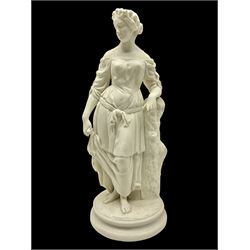 Parian figure modelled as a female in classical dress leaning upon a tree stump, H36cm