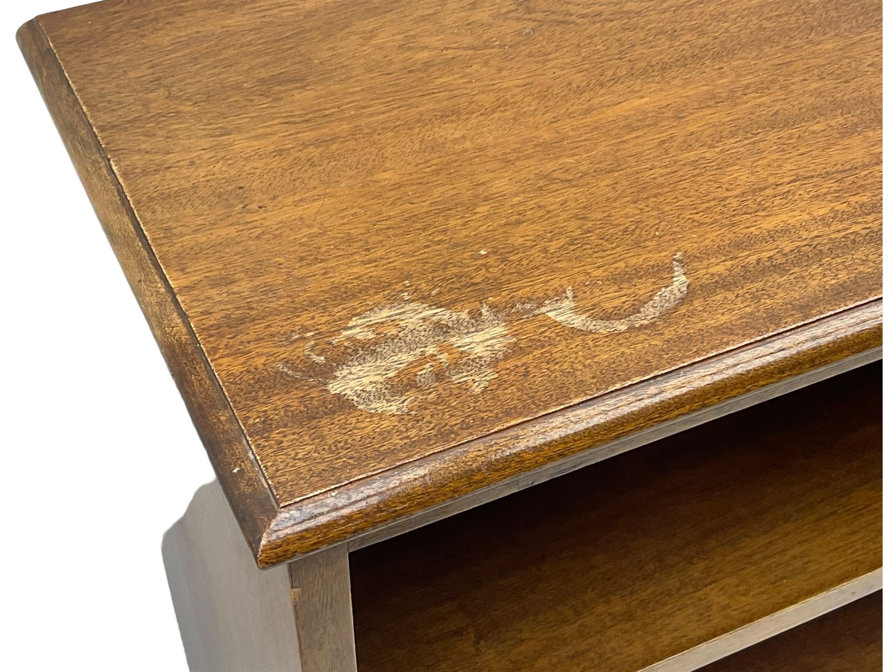 20th century mahogany open bookcase, fitted with two shelves, on bracket feet