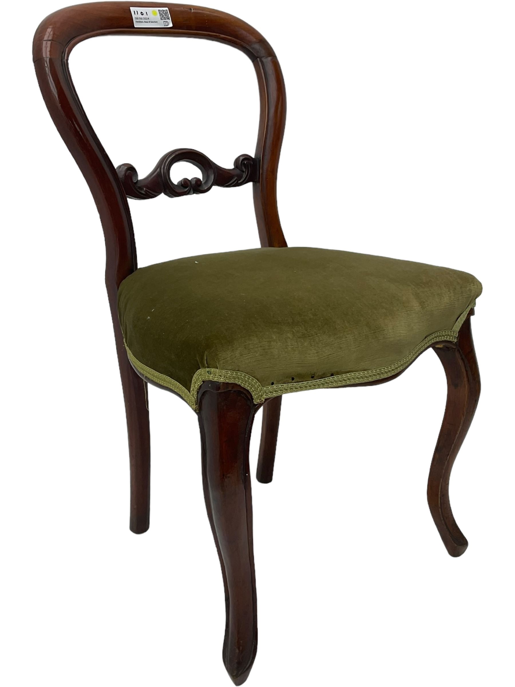 Mixed set of five Victorian chairs - Victorian rosewood dining chair with foliage carved cresting rail; Victorian mahogany balloon back dining chair with foliage carved middle rail; Victorian walnut balloon back dining chair with C-scrolled back; Victorian walnut dining chair with ring and curled leaf carved middle rail; Victorian mahogany balloon back dining chair with C-scroll and foliage carved middle rail (5)