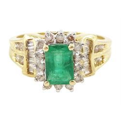 14ct gold octagonal cut emerald and round brilliant cut diamond cluster ring, with baguett...