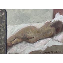 Anton Matthews RCA (British 1925-2008): 'Sleeping Nude', oil on board signed, titled verso 18cm x 25cm