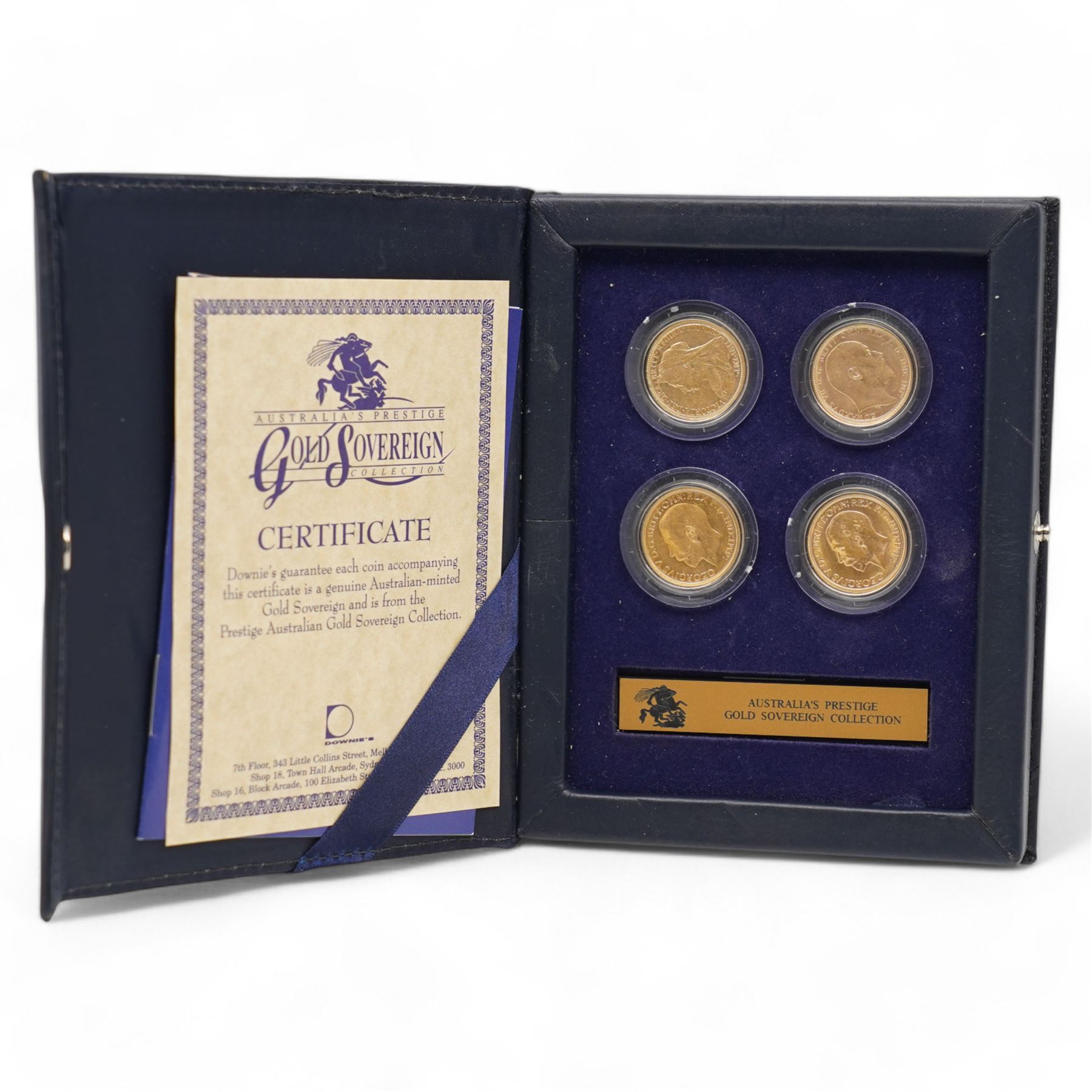 'Australia's Prestige Gold Sovereign Collection' comprising four gold full sovereign coins dated Queen Victoria 1899 Perth mint, King Edward VII 1908 Perth Mint, King George V 1918 Perth Mint and 1929 Perth Mint, cased