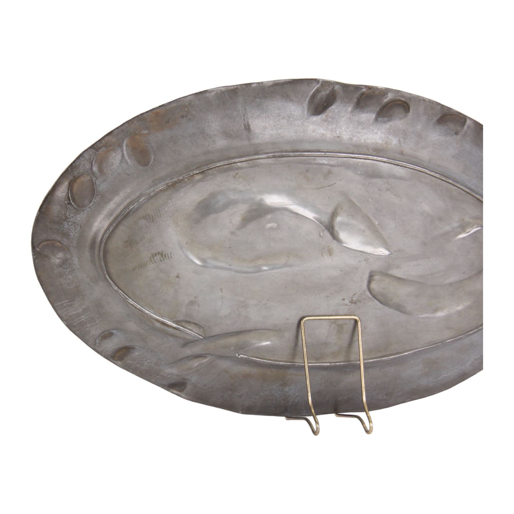 Art Nouveau pewter platter, of oval form with shaped rim, decorated in relief with a lobster and two koi fish, L52cm