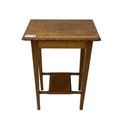 Victorian mahogany work table, rectangular top with rounded corners over single frieze drawer, on turned pedestal with three shaped splayed supports (W50cm, H75cm, D37cm); oval mahogany two-tier occasional table (60cm x 43cm, H65cm); figured walnut lamp table fitted with drawer; oak two-tier stand or side table (48cm x 34cm, H68cm) (4)