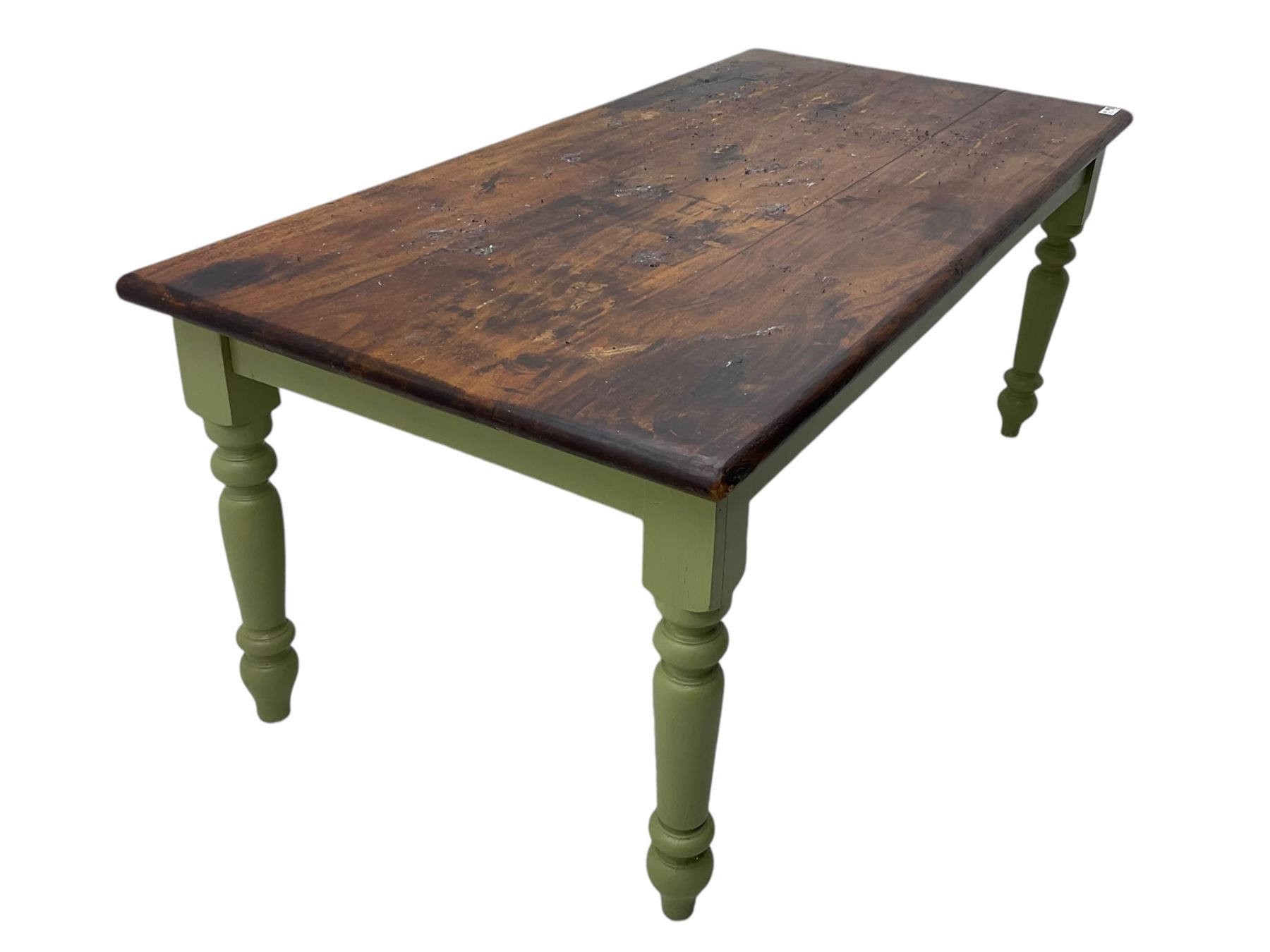 Hardwood dining table, rectangular top on laurel green painted base, fitted with turned supports 