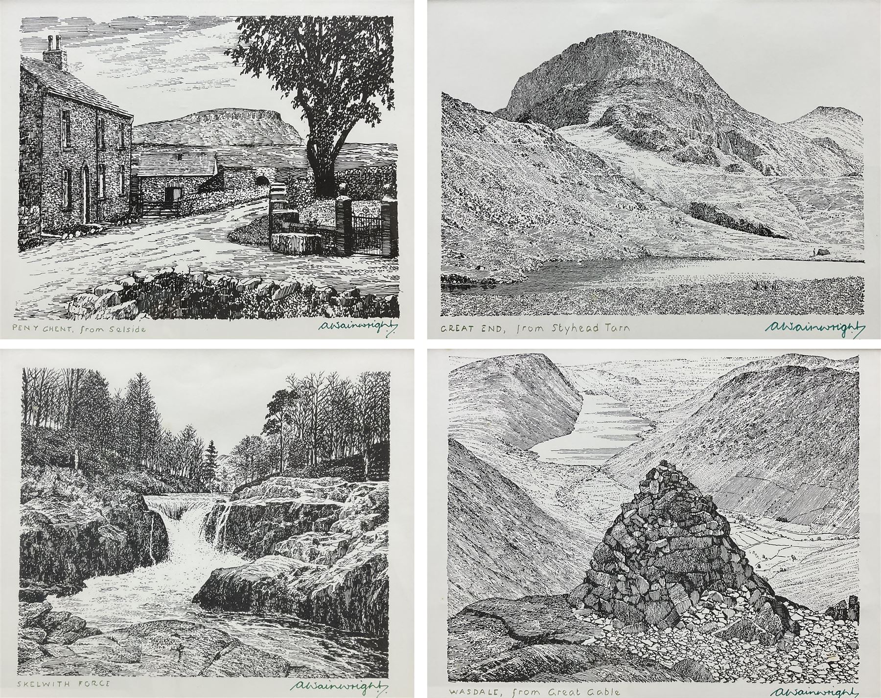 Alfred Wainwright MBE (British 1907-1991): 'Pen Y Ghent from Selside', 'Great End from Styhead Tarn', 'Skelwith Force', and 'Wasdale from Great Gable', four monochrome prints each signed in pen by the artist, max 17cm x 23cm (4)