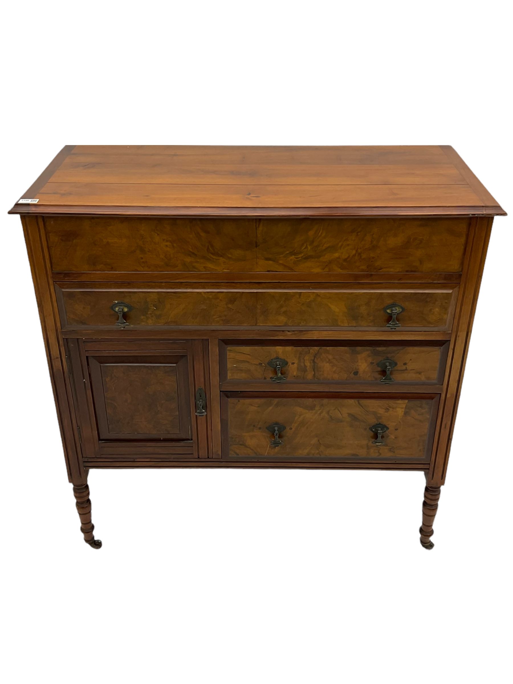 Edwardian walnut gentleman's tallboy, moulded hinged lid enclosing divisions, long drawer over two short drawers and panelled cupboard, turned supports terminating at ceramic castors