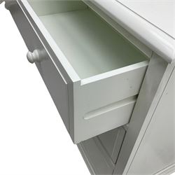 Contemporary wide white painted straight-front chest, fitted with three drawers