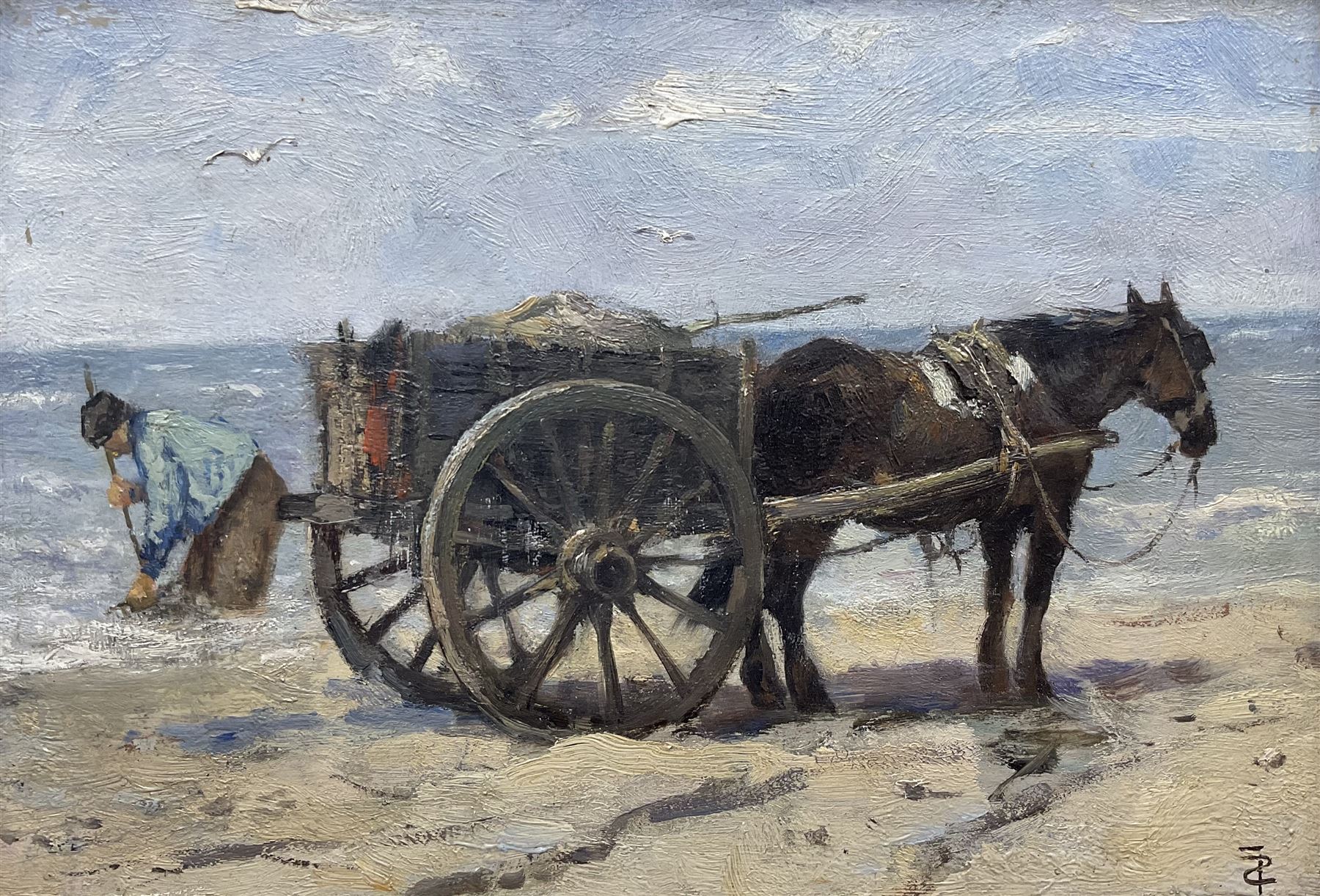 Johan Frederik Cornelis Scherrewitz (Dutch 1868-1951): The Seaweed Cart, oil on panel signed with monogram 14cm x 21cm