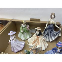 Five Royal Worcester figures including Emma and Felicity, together with similar figures, glass animals, paperweights, Murano glass clown, and a collection of animal figures, etc, in three boxes