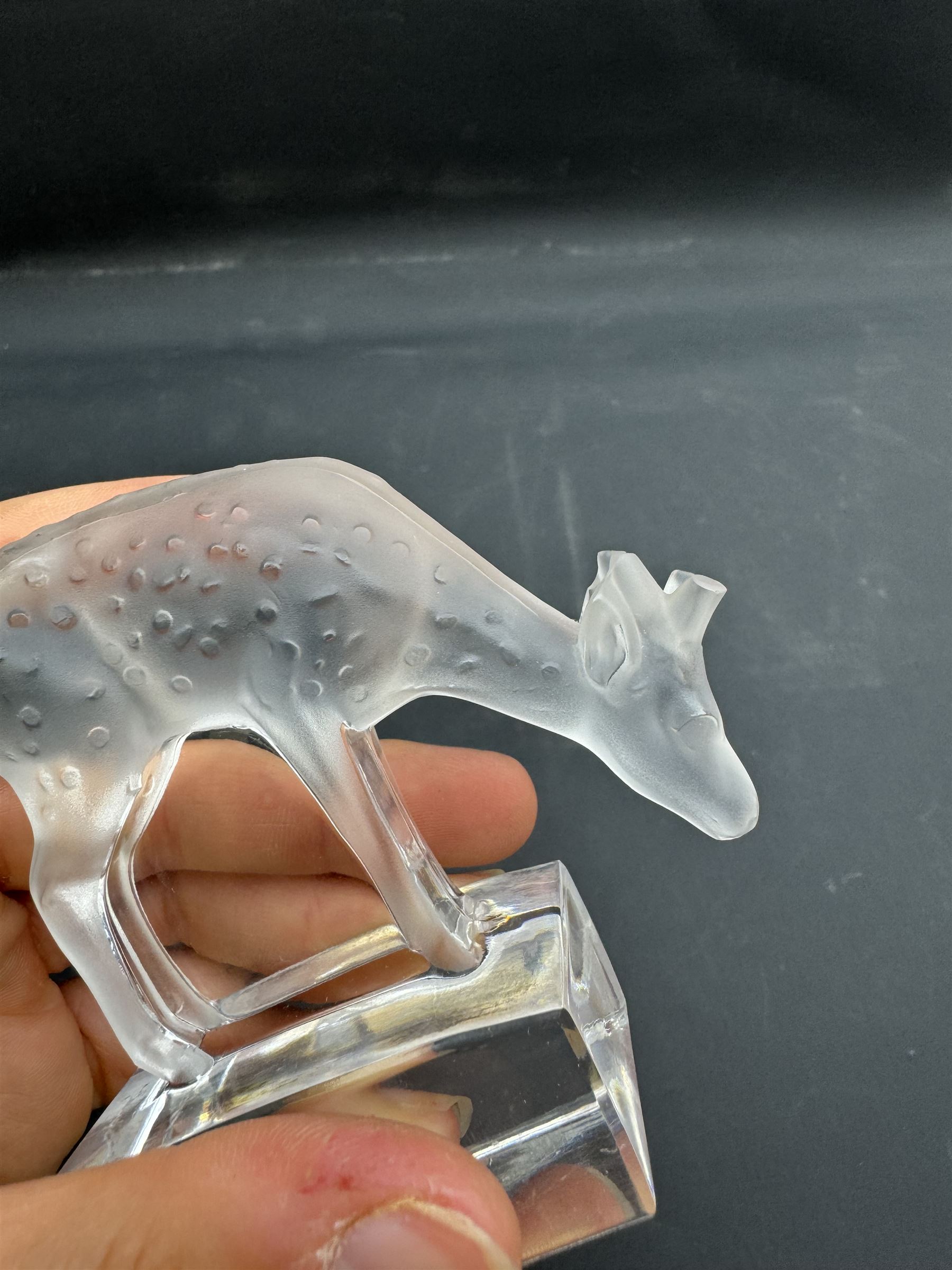 Lalique frosted glass model of a fawn, on clear rectangular plinth, engraved beneath Lalique France, H8cm