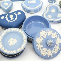 Large group of Wedgwood Jasperware including trinket boxes, vases, plates, ring holder, bauble and others (qty)