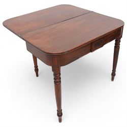 19th century inlaid mahogany tea table, fold-over D-shaped top, double gate-leg action base, on turned supports