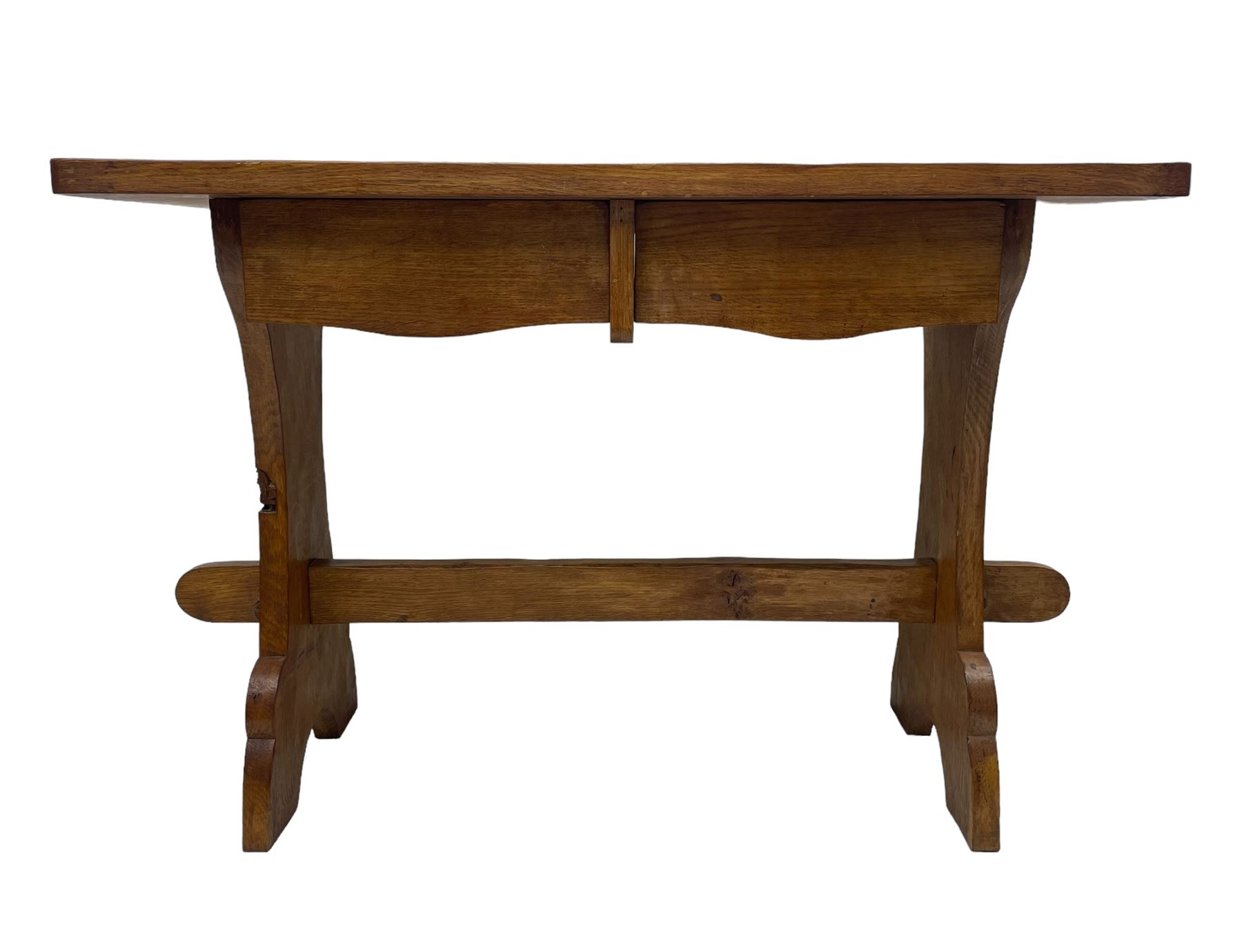 Gnomeman - oak side table, rectangular adzed top over two drawers, on shaped end end supports united by pegged stretcher, carved with gnome signature, by Thomas Whittaker, Littlebeck 