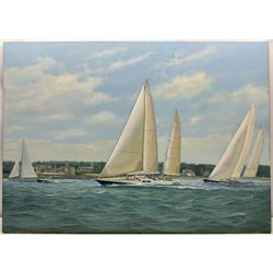 Brian Mays (British 1938-2005): Racing Yacht 'Charlatan' passing the British Yacht Squadron Building, oil on canvas, signed and titled verso 76cm x 107cm (unframed) 
Provenance: direct from the family of the artist