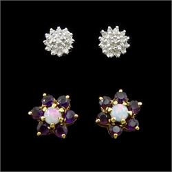 Pair of gold diamond cluster stud earrings and a pair of gold amethyst and opal stud flowe...