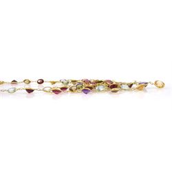 14ct gold multi gemstone set fringe necklace, including amethyst, topaz and garnet