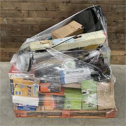 Four pallets of domestic goods to include, cleaning equipment, vacuums, exercise equipment, cooking items, Brother printer, garden loungers, irons and more… approx. 60 items