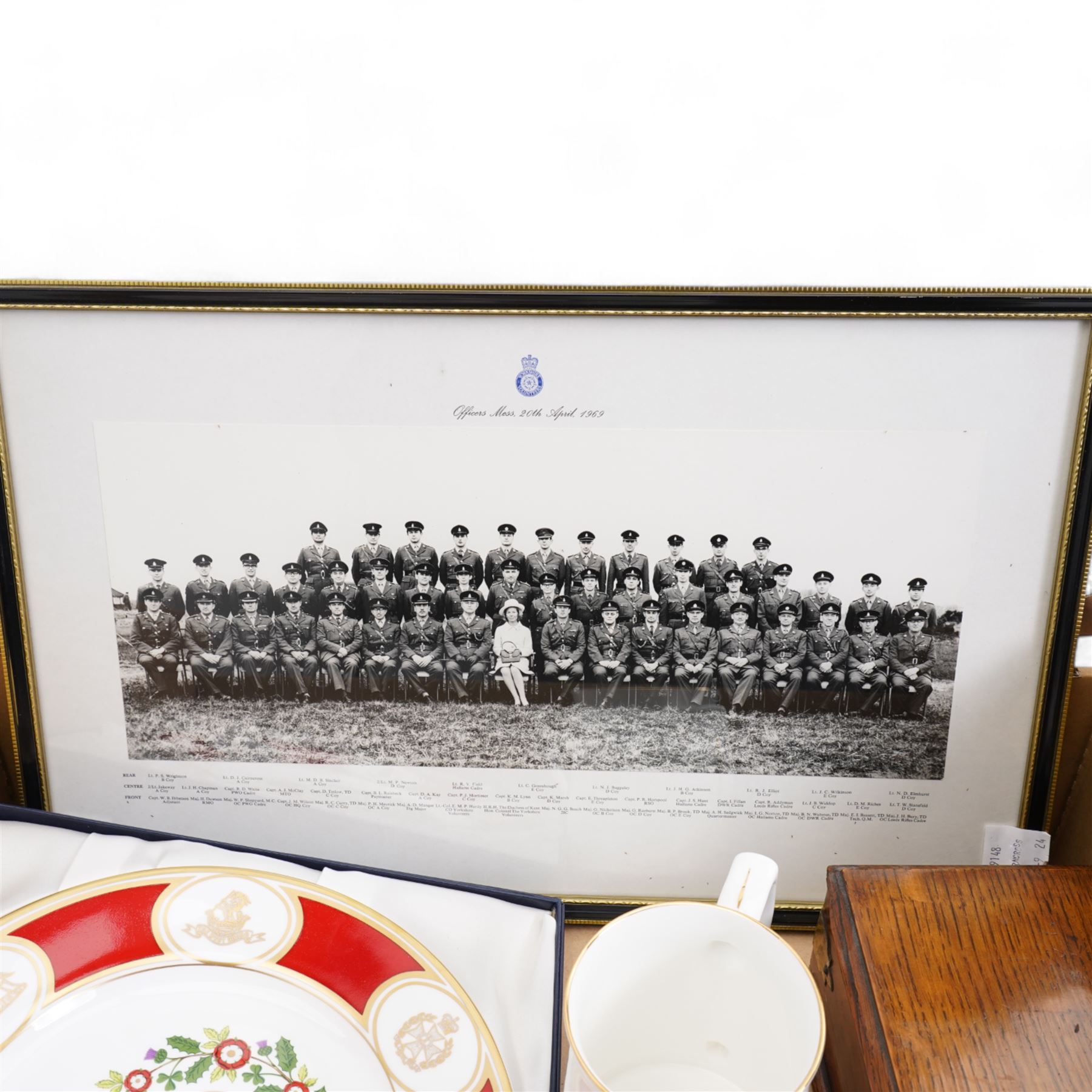 Yorkshire Volunteers commemorative plate and Officers Mess, 1969 framed photograph,  Ronson table lighter, early 20th century oak box etc in one box 