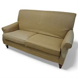 Multi-York - traditional shape two seat sofa, rolled back and arms over loose seat cushions, all upholstered in camel herringbone tweed fabric, on turned feet