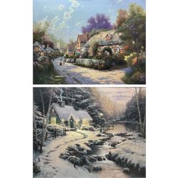 Thomas Kinkade (American 1958-2012): 'Cobblestone Village' and 'Evening Glow', two offset lithographs no.1435/2050 and no.43/1000, respectively, with Certificate of Authenticity 45cm x 60cm and 40cm x 50cm (2)