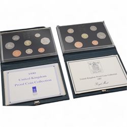 Eleven The Royal Mint United Kingdom proof coin collections, dated 1985, 1986, 1987, 1988, 1990, 1992 with dual dated fifty pence, 1994, 1996, 1999, 2001 and 2003, all cased with certificates