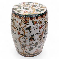 Chinese ceramic garden seat, decorated with forest scenery, with birds and deer, H45cm