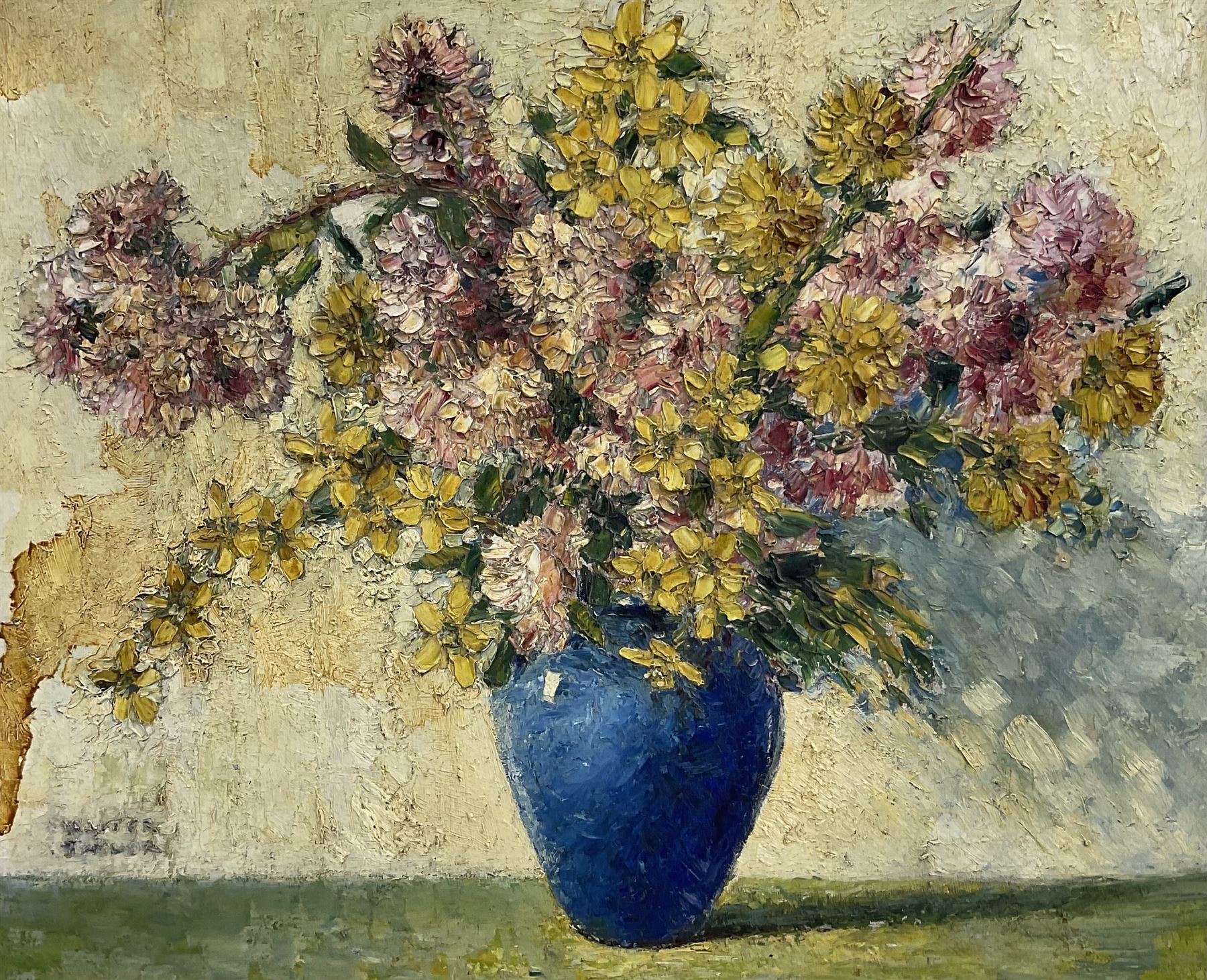 Walter Taylor (British 1860-1943): Still Life of 'Cherry Blossom and Forsythia', oil on board signed, titled verso 50cm x 60cm