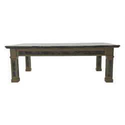 Rectangular coffee table, variegated marble top, on square supports with block feet 