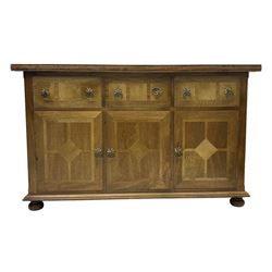 Barker & Stonehouse ‘Flagstone’ range mango wood sideboard, fluted rectangular top above three drawers and three cupboards with geometric inlay, on bun feet