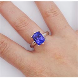 Silver single stone radiant cut tanzanite ring, stamped 925, tanzanite 3.46 carat