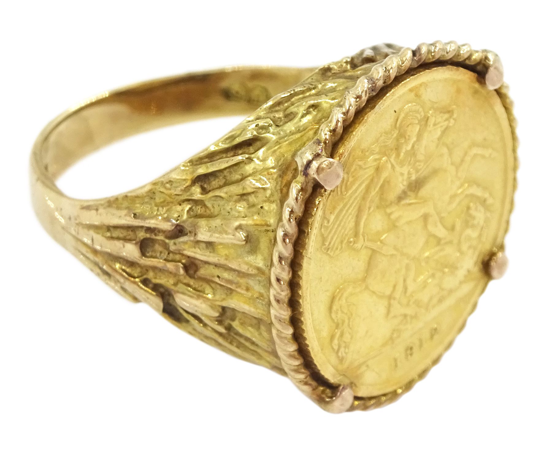 King George V 1912 gold half sovereign coin, loose mounted in 9ct gold ring, hallmarked