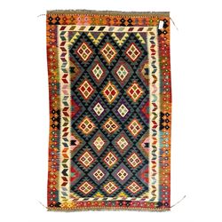 Afghan Maimana Kilim flatweave rug, dark teal ground with a multicoloured diamond lattice,...