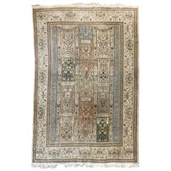 Persian Bakhtiari camel ground garden carpet, the field decorated with square panels containing stylised tree of life and Mirab motifs with birds and animals, with further floral and palmette patterns, the guarded border with repeating bouquets and posies of stylised plant motifs