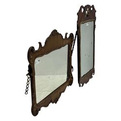 Georgian design walnut and parcel gilt fretwork wall mirror (76cm x 73cm); Chippendale design mahogany fretwork wall mirror, carved with Ho-Ho bird pediment (54cm x 93cm)