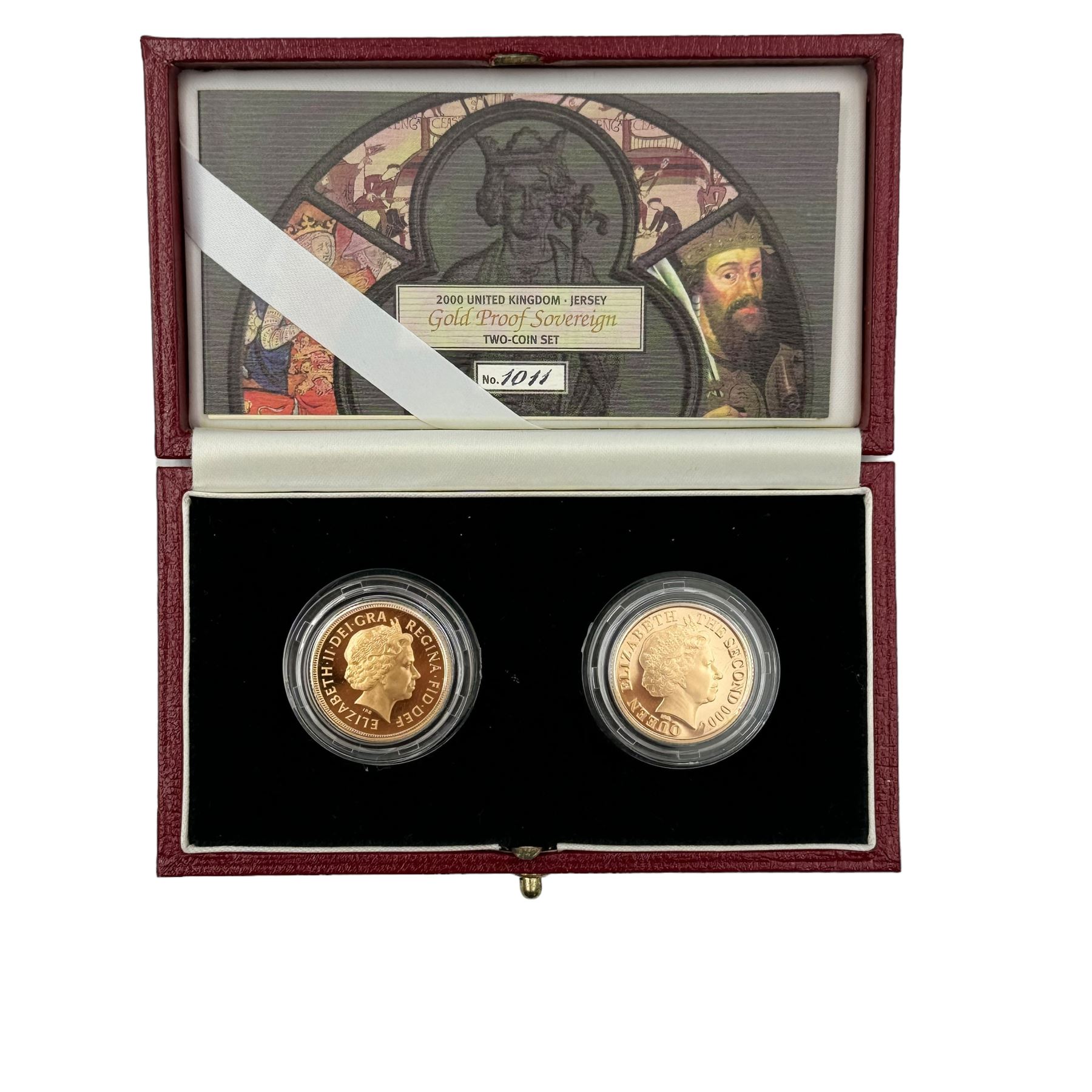 The Royal Mint 2000 gold proof sovereign two-coin set, comprising United Kingdom and Jersey sovereign coins, cased with certificate 