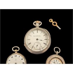 Three pocket/fob watches, comprising Elgin Natt Watch Co. base metal example, Omega 900 silver example and Graves Sheffield 935 silver example