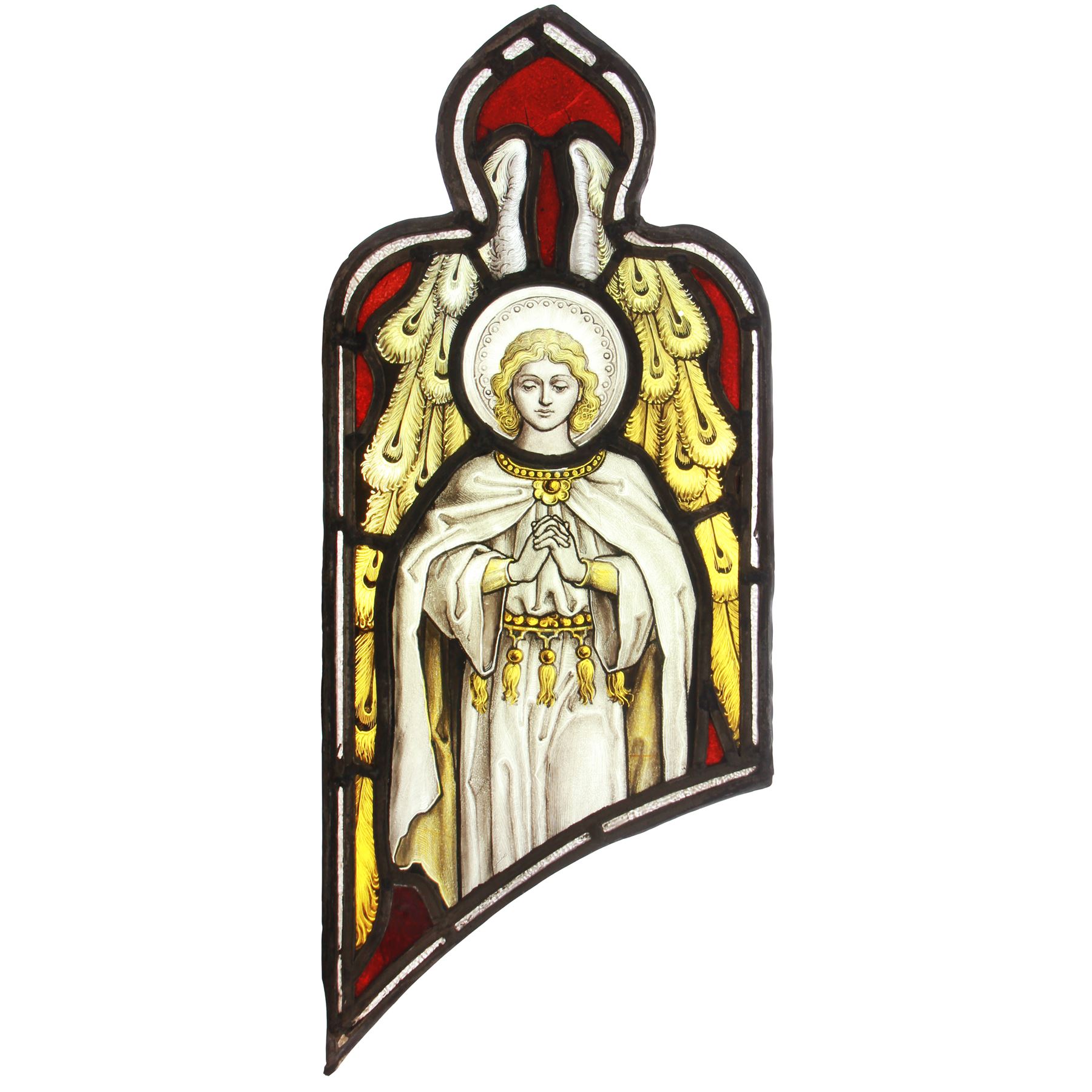 Pair of late 19th/early 20th century leaded stained glass panels, each depicting an angel or saint with hands clasped in prayer in red upon yellow ground, H54cm W23.5cm