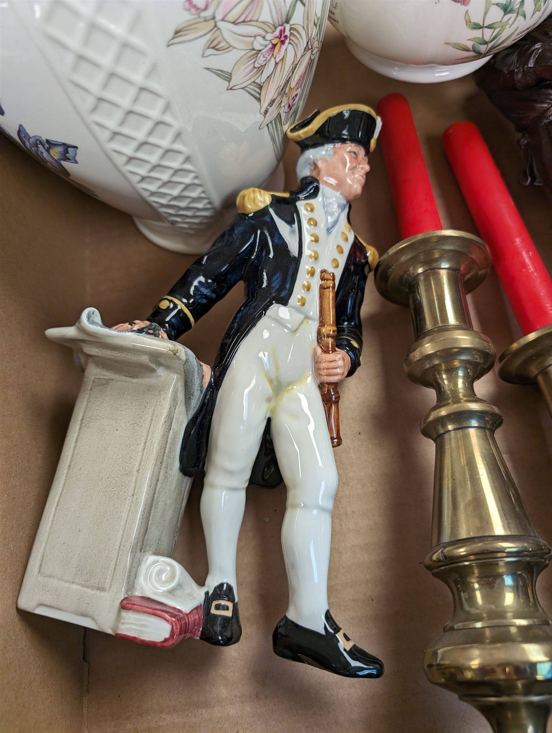 Two pairs of brass candlesticks, Royal Doulton Napoleon figure, composite figure of a fisherman and other collectables