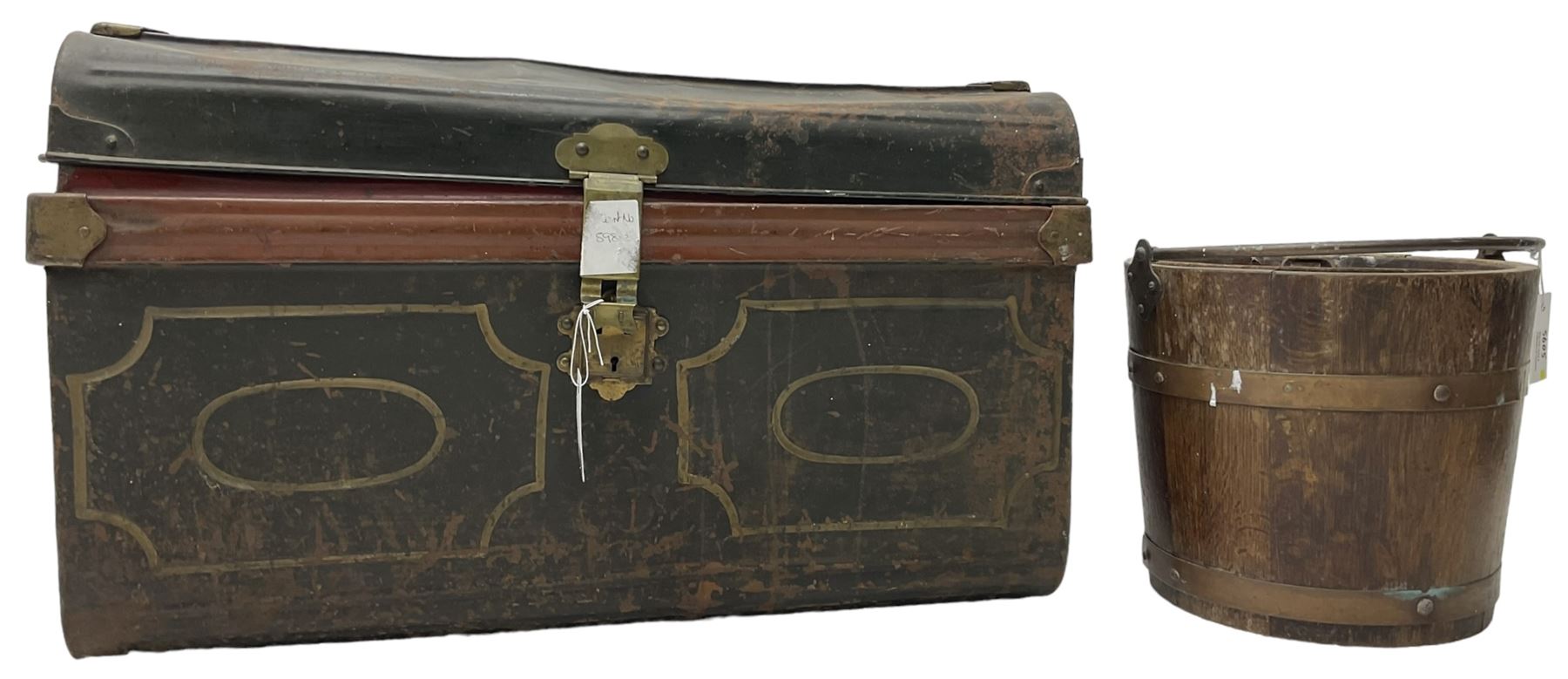 Victorian tin travelling trunk, hinged dome top (W70cm D48cm H44cm); wooden log bucket with metal liner (D33cm) 