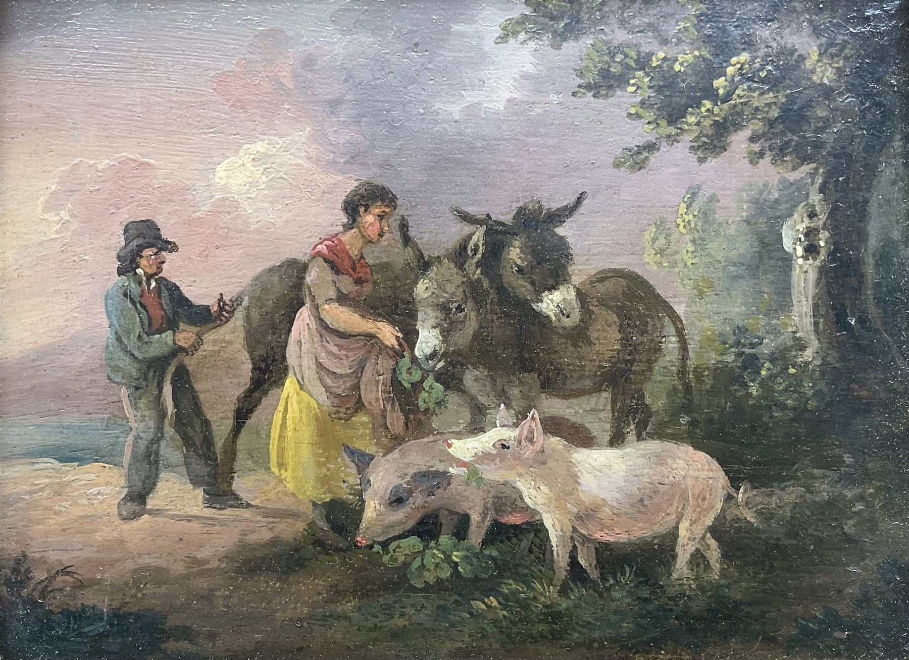 Julius Caesar Ibbetson (British 1759-1817): Children with Donkeys and Pigs, oil on panel unsigned, printed label verso 12cm x 16cm