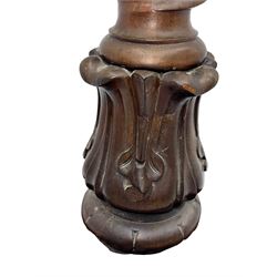 Late 19th century mahogany plant stand or torchère, circular top over barley twist column and carved acanthus base, on square plinth with bracket supports