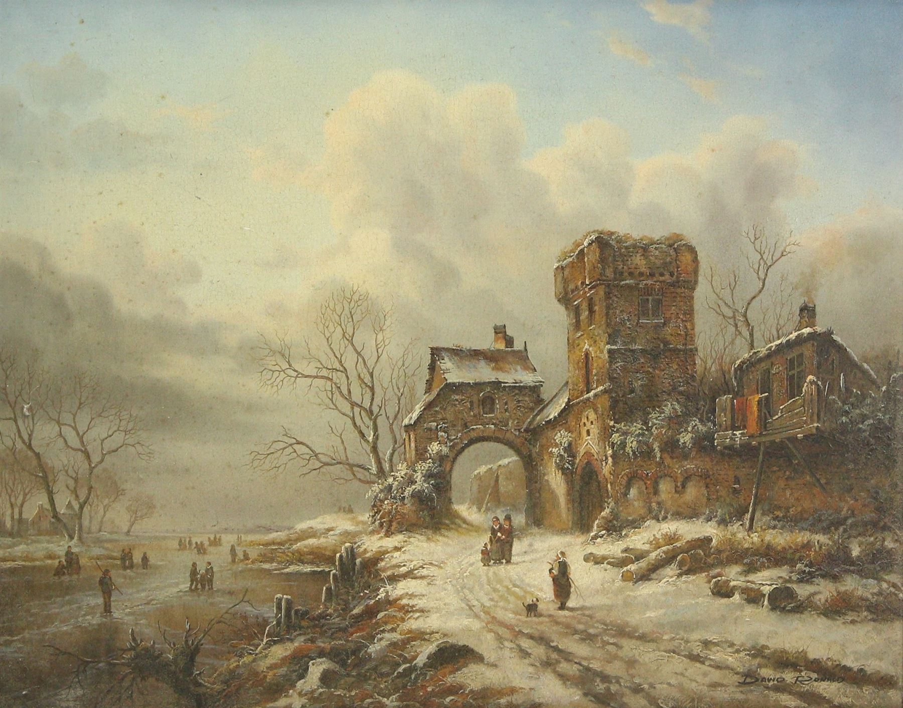 David Ronald (British 20th Century): Dutch Snow Scene, oil on panel signed 39cm x 49cm 