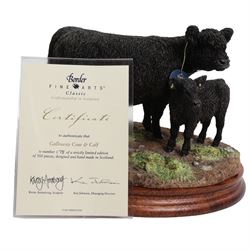 Border Fine Arts 'Black Galloway Cow and Calf' by Kirsty Armstrong, limited edition 178/500 on wood base, boxed and with certificate