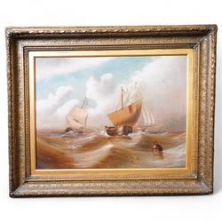 English School (Early 20th century): Fishing in Calm and Rough Seas, pair oils on canvas unsigned, in matching heavy antique gilt frames with repeating anthemion decoration 60cm x 80cm (2)